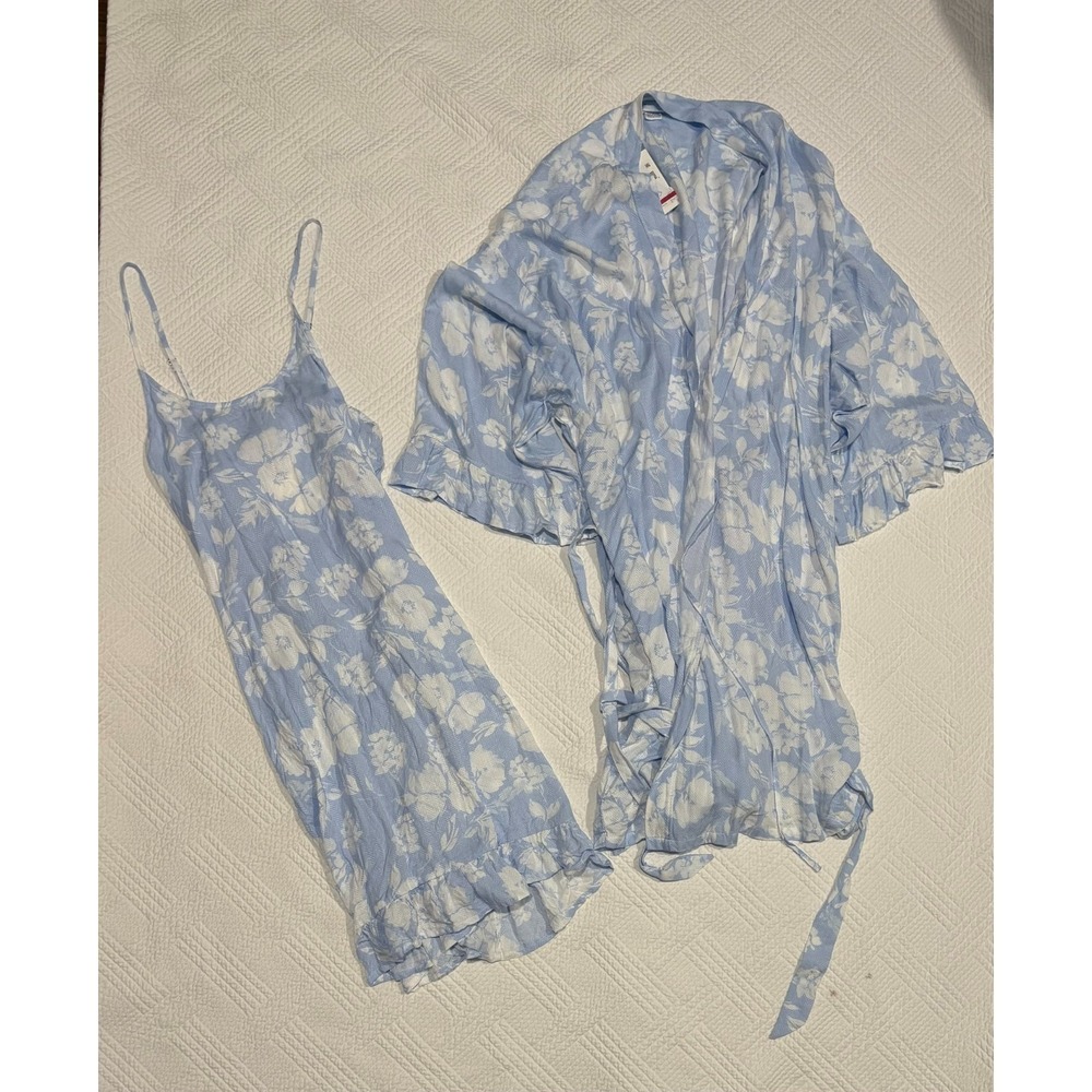 Splendid Sleepwear Gown and Robe Light Blue Floral Print Ruffled Hem Size M-L